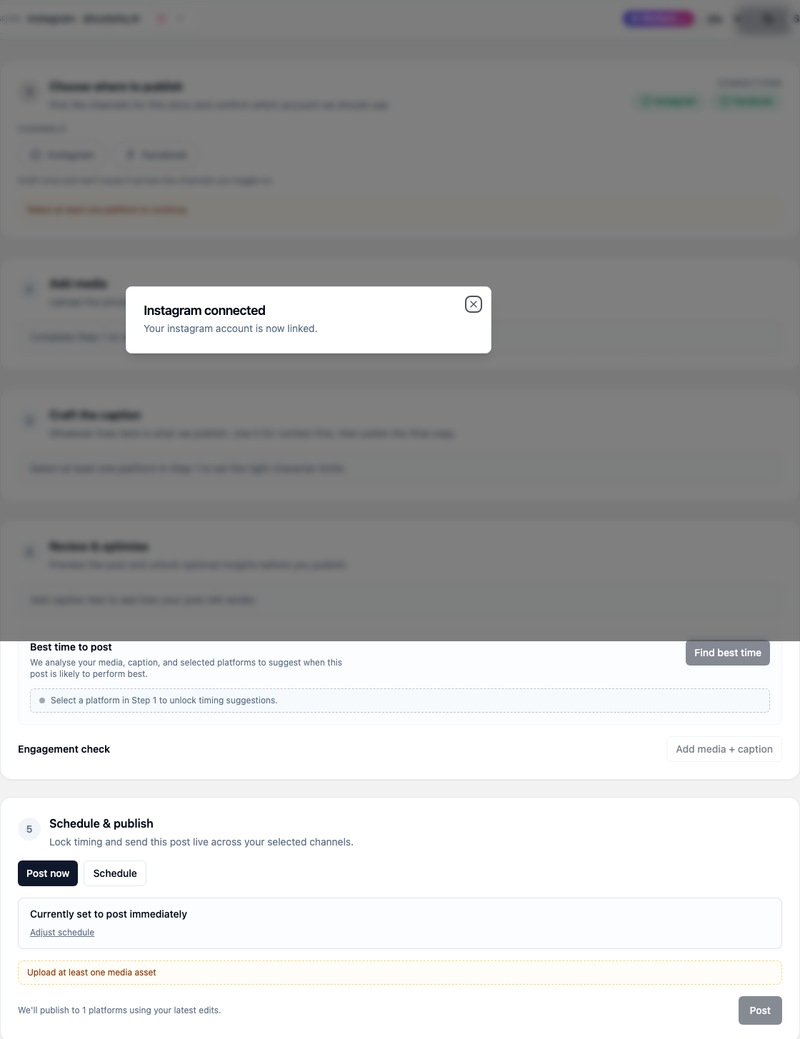 Content composer with AI scores and schedule timeline.
